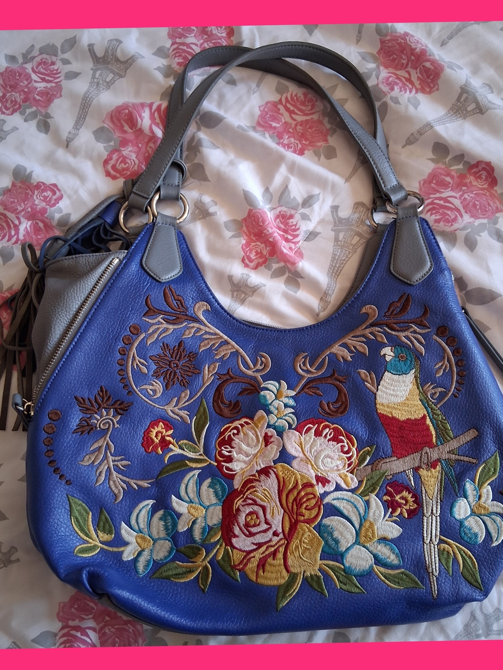 Sharif Blue Embroidered Parrot & Floral Shoulder Bag - Picture 1 of 12